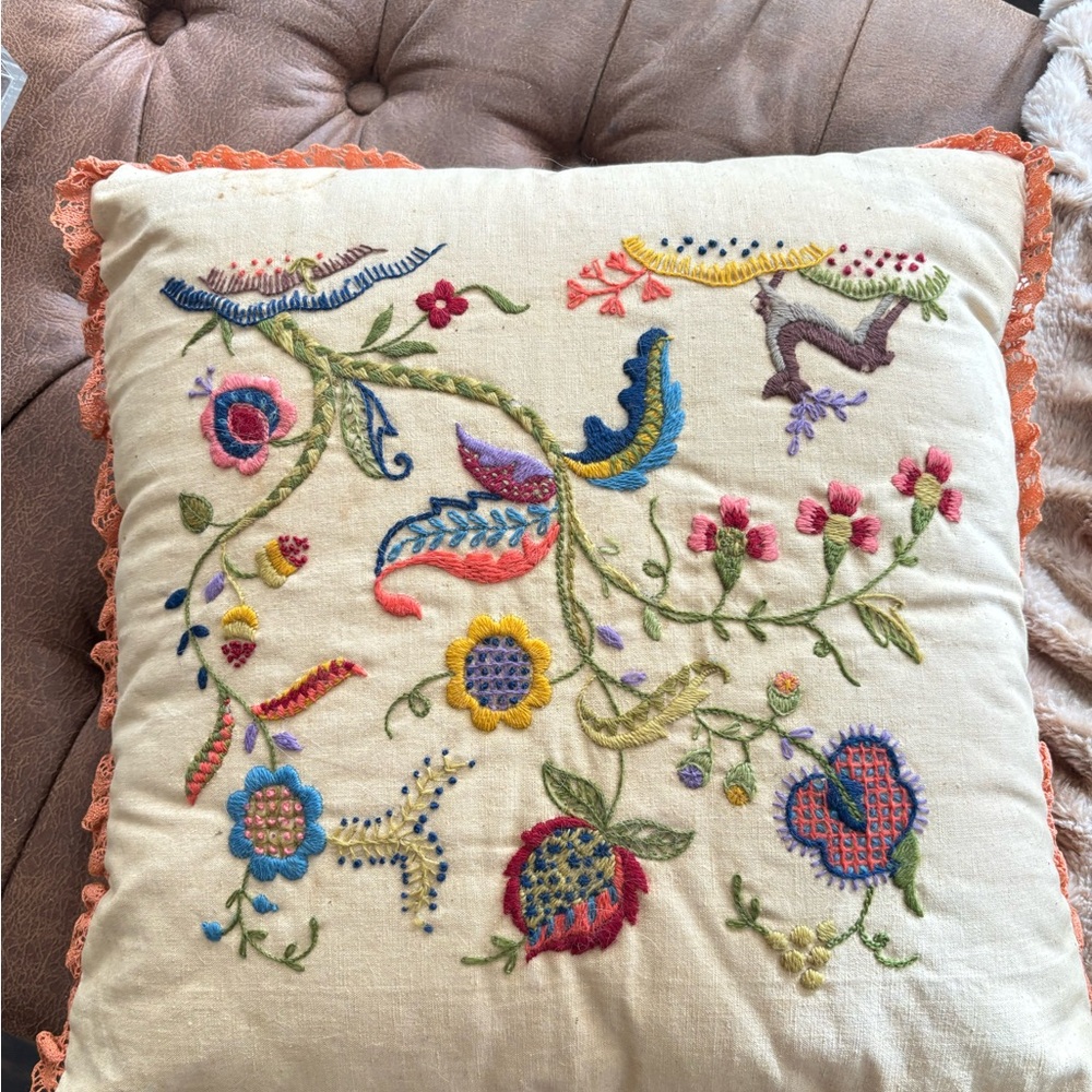 Embroidered Floral Throw Pillow